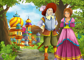 Cartoon nature scene with beautiful castle with prince and princess