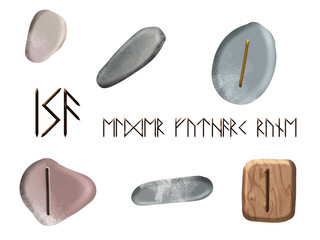 Set of Isa magic german runes Elder Futhark on wooden block and stones isolated on white background