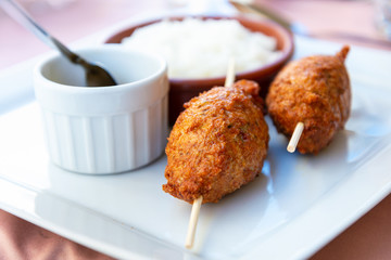 Fresh Chicken skewers with rice