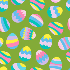 Easter eggs seamless pattern in pastel colors, multi-colored. Spring, Easter, holiday. On a green background.For preparation of the compositions, postcards.In flat style. Vector