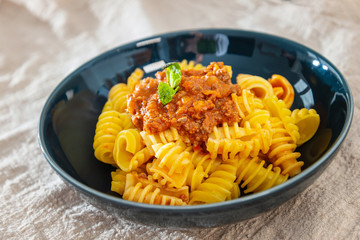 tasty pasta Italian meat sauce pasta on the table