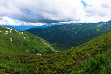 panorama of the Alpine mountains . mountain tourism. a trail for a walking route. Caucasian mountains. summer landscape with mountains.