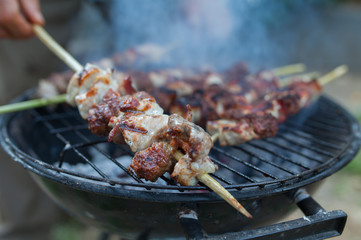 Grill barbecue on wooden sticks Shalow depth of field