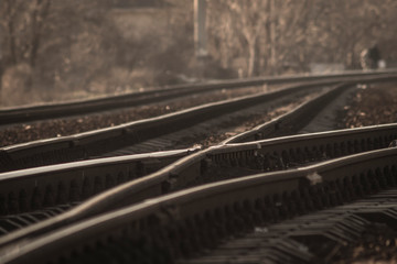 Fototapeta premium rails on the railway in perspective, road to travel