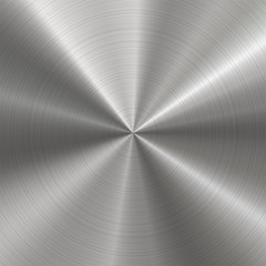 Circular brushed metal texture. Vector radial steel background with scratches.