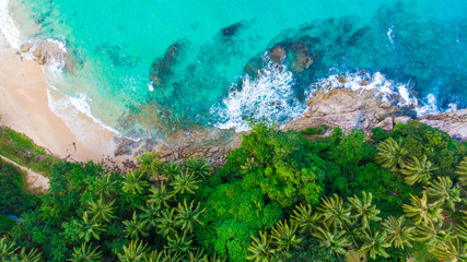 Sea white sand beach with turquoise sea water aerial view