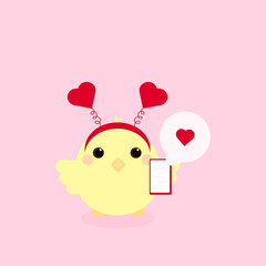 This is cute chicken in hair hoop with heart on pink background. Could be used for flyers, banners, postcards, holidays decorations.