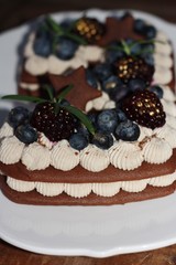 Delicious chocolate cake with cream and blueberries 