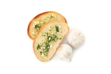 Toasted bread slices with garlic isolated on white background