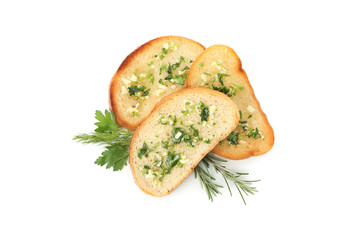 Toasted bread slices with garlic isolated on white background