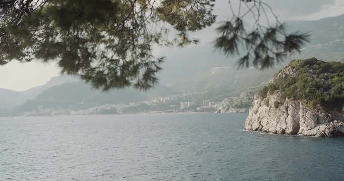 View  through pine trees to the sea and rocks in Montenegro