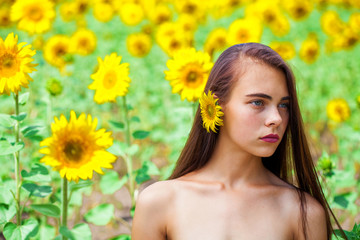Photo of pretty brunette woman in sunflowers field