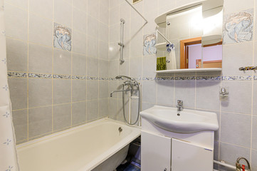 Russia, Moscow- September 10, 2019: interior room apartment modern bright cozy atmosphere. general cleaning, home decoration, preparation of house for sale. bathroom, sink, decoration elements