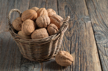 Walnuts in wooden basket