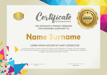 Horizontal certificate template with triangle geometric polygonal frame and modern pattern background. vector illustration
