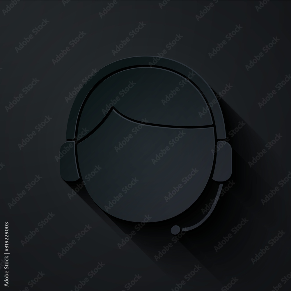 Poster paper cut man with a headset icon isolated on black background. support operator in touch. concept f