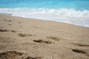 footprints on the pebble beach of the Mediterranean Sea of Greece, Lefkada, Porto Katsiki