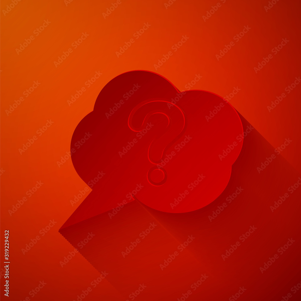 Poster paper cut speech bubble and question icon isolated on red background. faq sign. copy files, chat spe