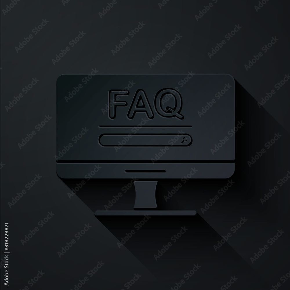Poster paper cut computer monitor with text faq information icon isolated on black background. frequently a