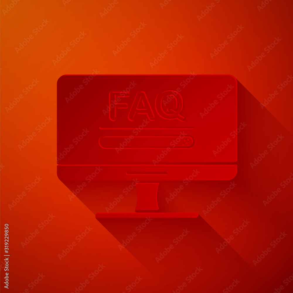 Poster paper cut computer monitor with text faq information icon isolated on red background. frequently ask