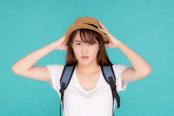 Fototapeta premium Beautiful young asian woman upset and worry travel summer trip in abroad isolated on blue background, tourist asia girl having problem and stress journey in vacation for leisure, holiday concept.