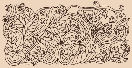 coffee illustration, coffee leaves, twigs and coffee flowers formed in the line art style ornament