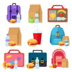 Kids bags vector and school lunch food boxes, flat icons colorful isolated on white