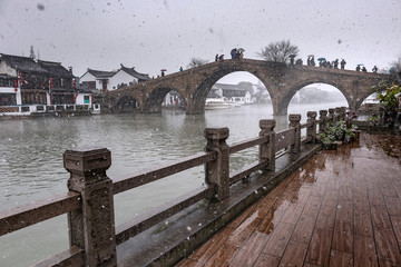 Snowfall in an ancient chinese city Zhujiajiao, Shangha, China