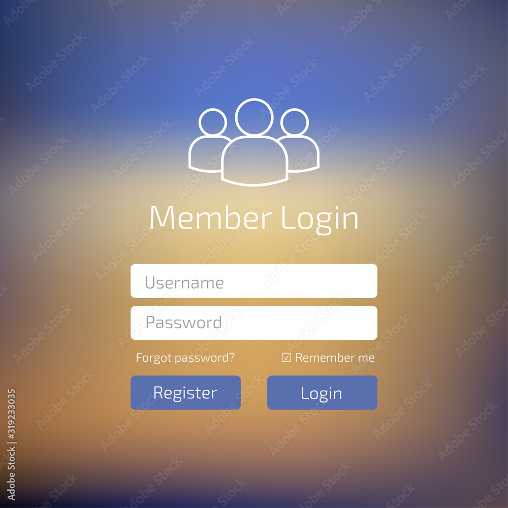 Poster member log in blue user interface. sign in web element template window.