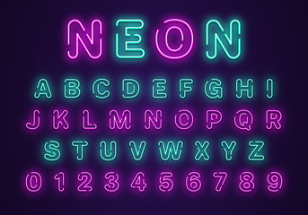 Neon lights alphabet and numbers set