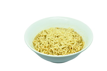 soft boiled instant noodles in bowl on white background