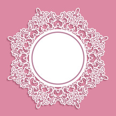 Doily frame with copy space for your text. Paper cut out invitation or greeting card template on pastel pink. Girly.