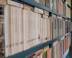 used books displayed on a metal shelving
