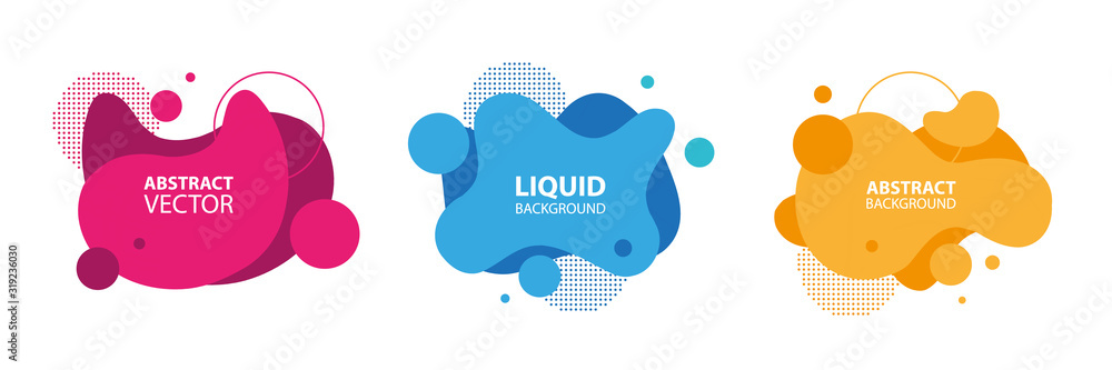 Aufkleber Set of abstract modern liquid forms and shapes with circles and dotted patterns. Fluid flat color design elements collection. Vector illustration.