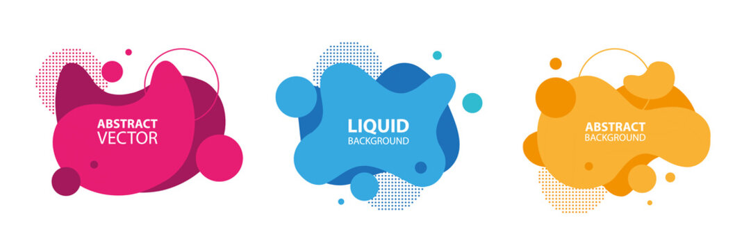 Set of abstract modern liquid forms and shapes with circles and dotted patterns. Fluid flat color design elements collection. Vector illustration.