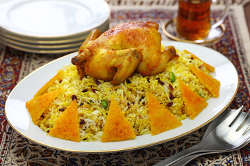 zereshk polo ba morgh, barberry rice with saffron chicken, iranian persian cuisine