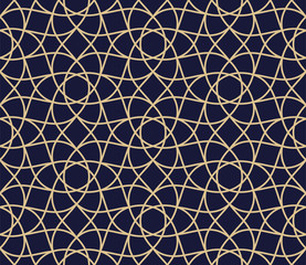 Islamic ornamental seamless pattern. Vector oriental background in navy blue and gold colors.