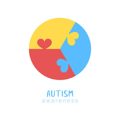 World autism awareness day. Colorful circle puzzle vector design sign with hearts. Symbol of autism. Medical flat illustration. Health care