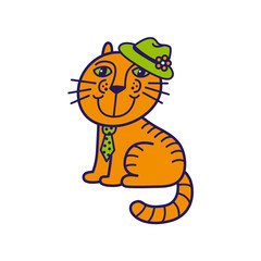 Mr ginger cat in the green hat and tie. Cute kitty on the white background. Kids club or zoo-shop logo