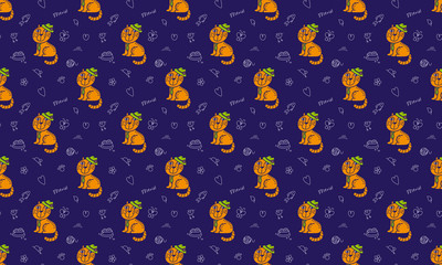 Mr ginger cat in the green hat and tie. Cute red kitty on the dark blue background. Backdrop or banner