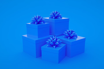 Set of blue gift boxes isolated on blue background. Minimalist creative concept. 3d illustration