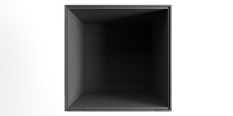 Crate, empty black box isolated against white background, above view. 3d illustration