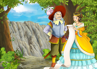 Obraz na płótnie Canvas cartoon scene with mountains valley near the forest with prince and princess