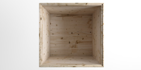 Crate, empty wooden box isolated against white background, above view. 3d illustration
