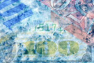 Cash freeze concept. Dollar, franc, pound in ice