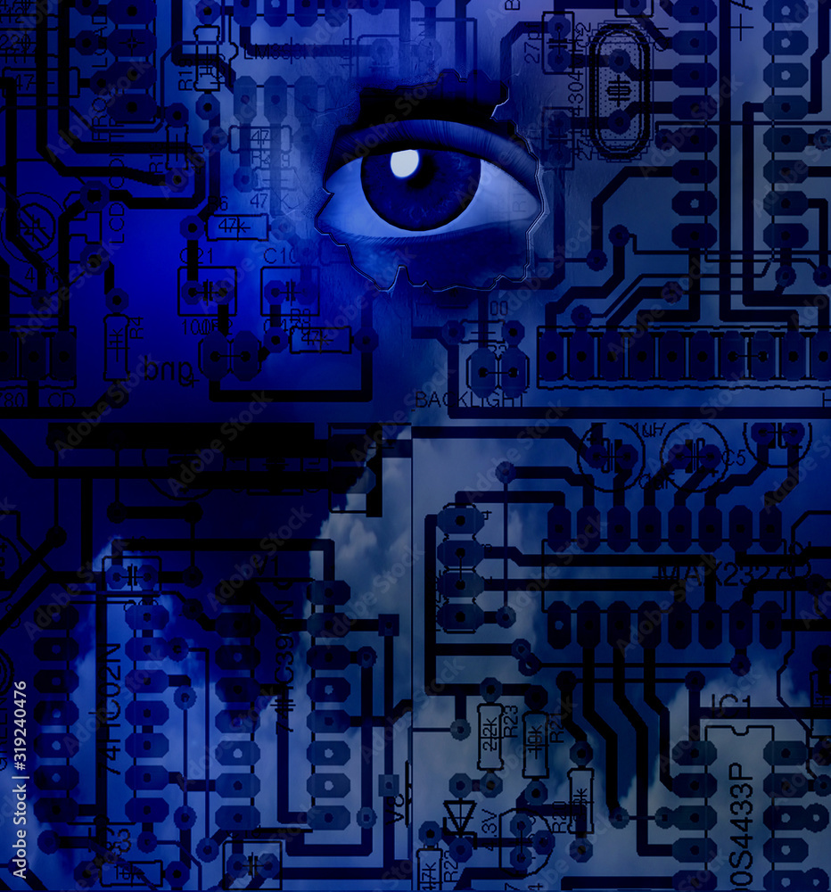 Poster circuit board and eye. 3d rendering