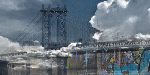 Fototapety  Surrealistyczna sztuka cyfrowa. Most Manhattan na panoramę Nowego Jorku. Olbrzymi księżyc, kawałki graffiti
