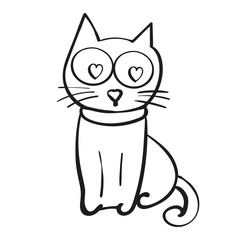 Pet cat with hearts in the eyes. Coloring page or book adult and kids. Vector illustration, illustration isolated.