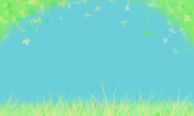 Obraz na płótnie Canvas Delicate background in light blue and green colors with grass and flying maple leaves. Banner and website