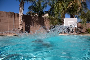 Foto op Plexiglas Zwembad Splash in achtertuin met palmbomen © Jadyn